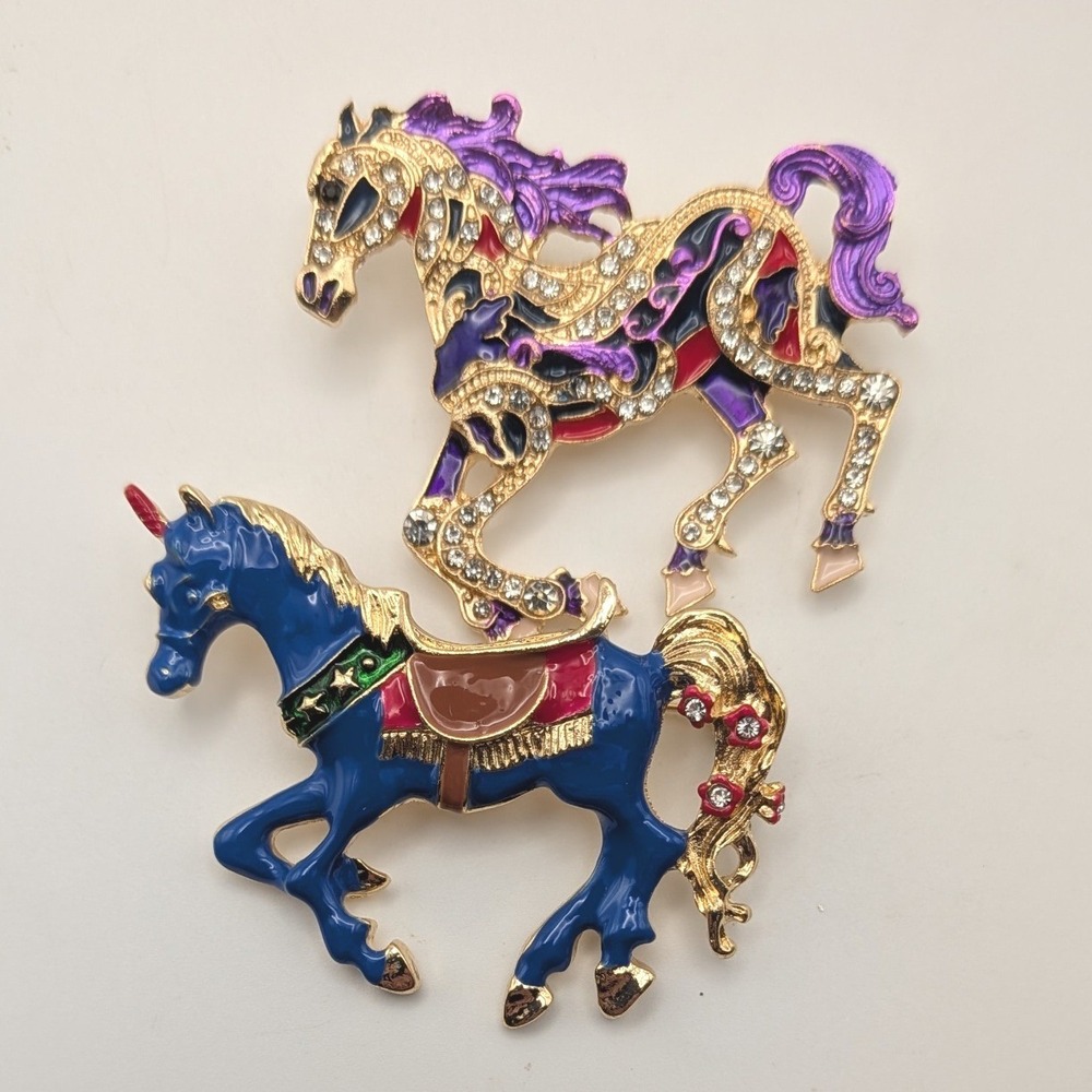 Vintage Style Horse Brooch Set Enamel Rhinestone Carousel Unicorn Gold Tone 2pc